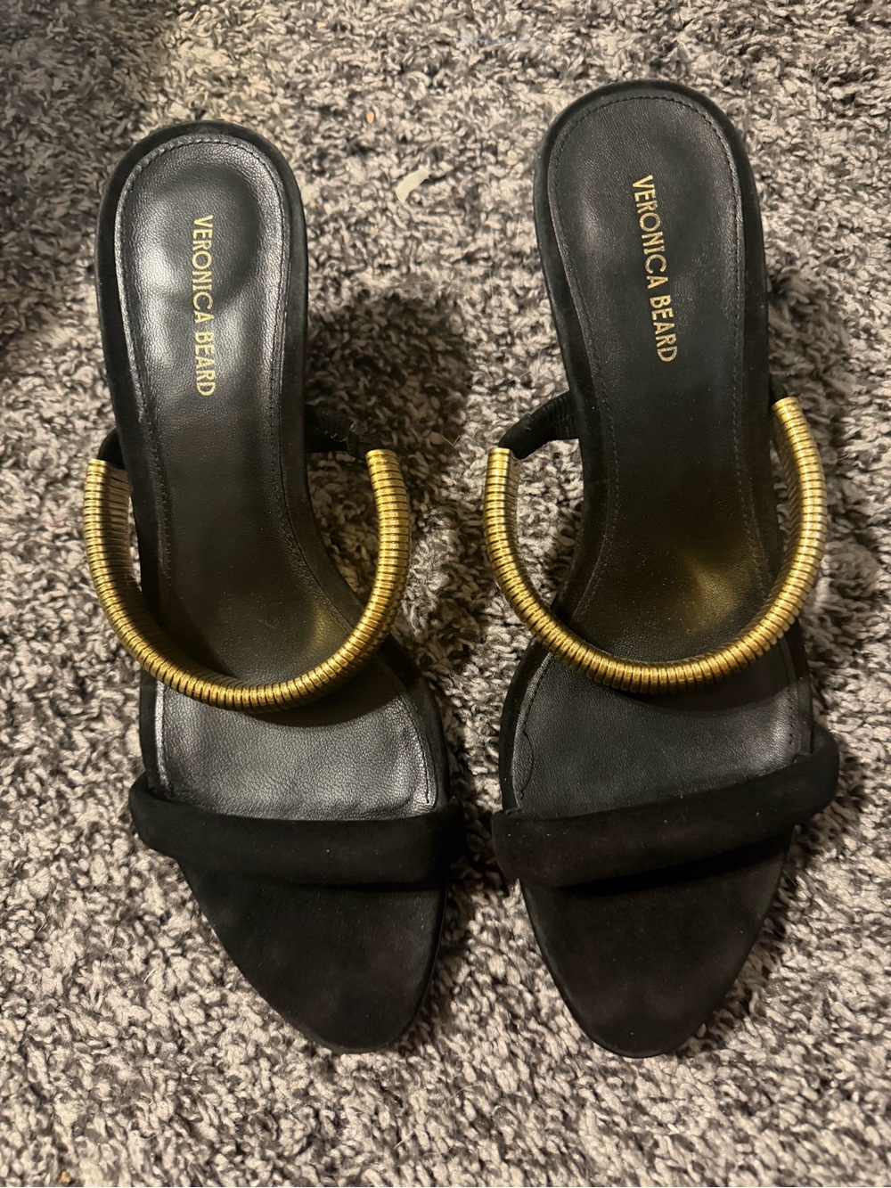 Veronica Beard Black Suede Slide Heels with Gold Coil Accent